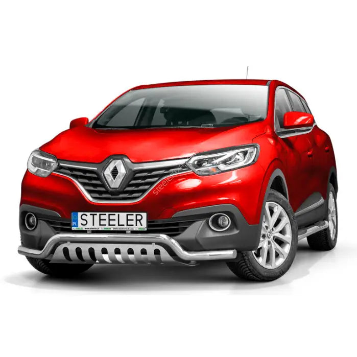 Frontbøyle Renault Kadjar 16-18 lav modell med sølvfarget kufanger sett forfra på rød SUV.