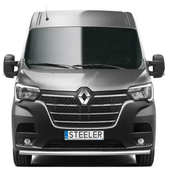 Frontbøyle på Renault Master 19- lav, mattgrå varebil sett forfra med kromdetalj under grillen.
