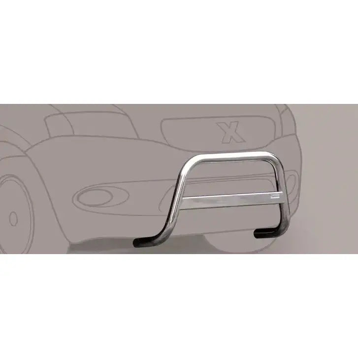 Frontbøyle Suzuki Ignis 03-08 i krommet metall med sorte ender foran stilisert biltegning.