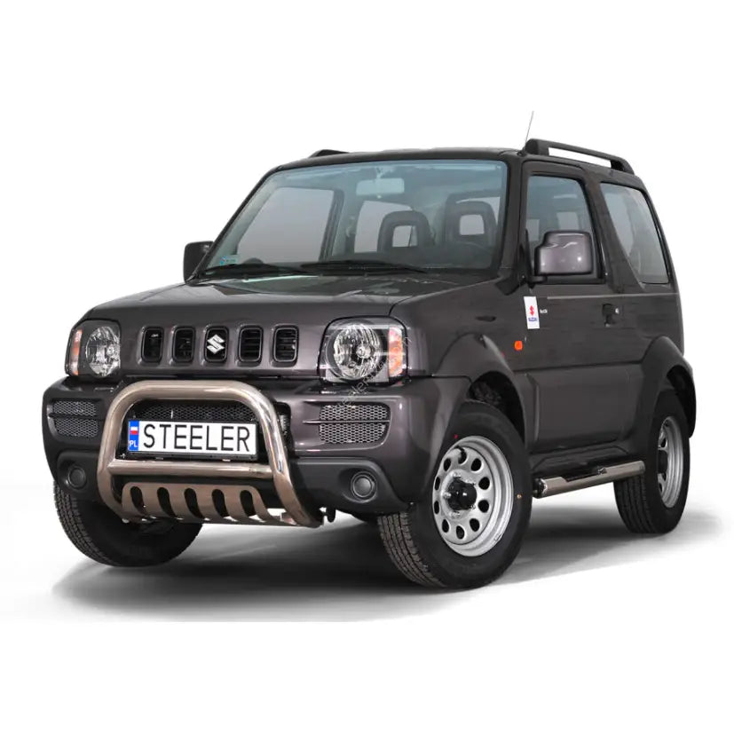Frontbøyle Suzuki Jimny 05-12 EC godkjent montert på sort SUV med sølvfarget kufanger.
