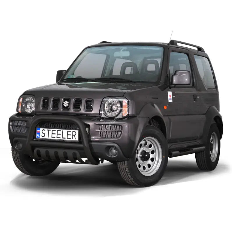 Kufanger på Suzuki Jimny 05-12, sort frontbøyle montert på mørkegrå SUV med sølvfelger.