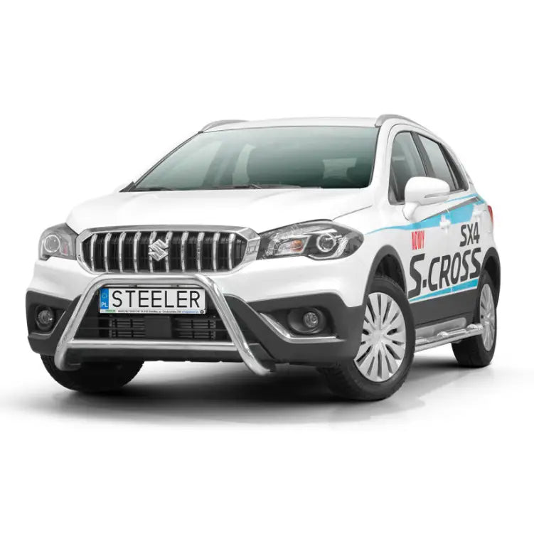Frontbøyle på Suzuki SX4 S-Cross 16-21 med forkrommet kufanger og detaljerte frontlykter.