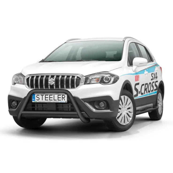 Kufanger på Suzuki SX4 S-Cross 16-21 EC godkjent med tverrør, montert på hvit SUV forfra.