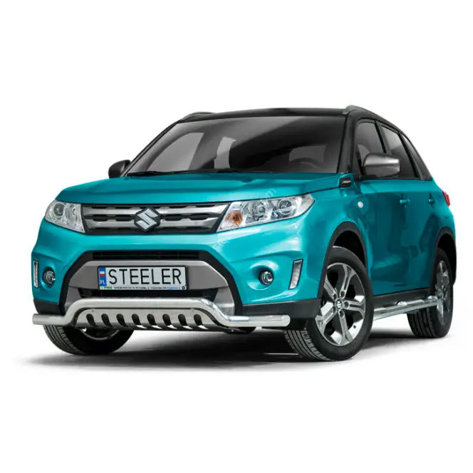 Frontbøyle Suzuki Vitara 15-18 lav modell med kromdetaljer foran på turkis SUV.
