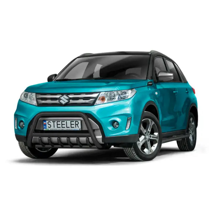 Kufanger Suzuki Vitara 15-18 EC godkjent montert foran på turkis SUV med svarte detaljer.