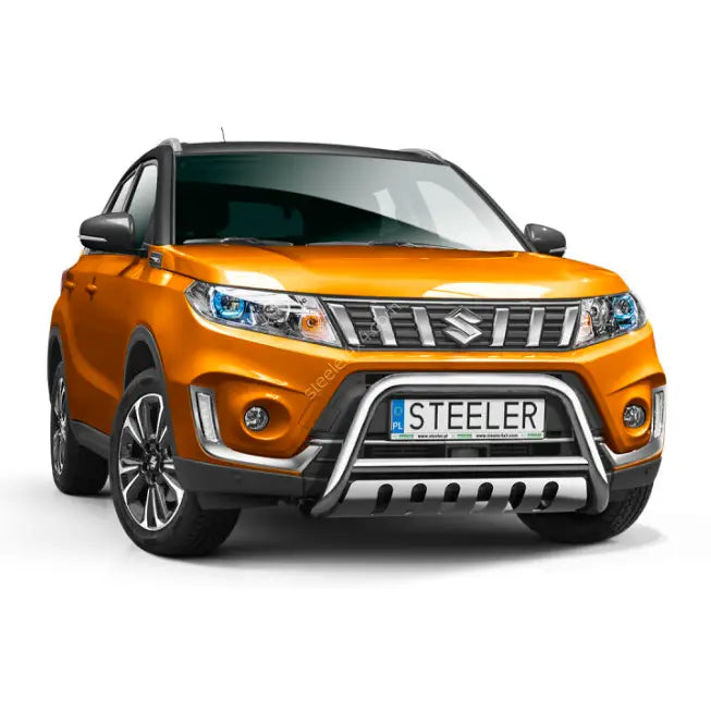 Frontbøyle Suzuki Vitara 18- EC godkjent montert på oransje SUV med svart tak og store felger.
