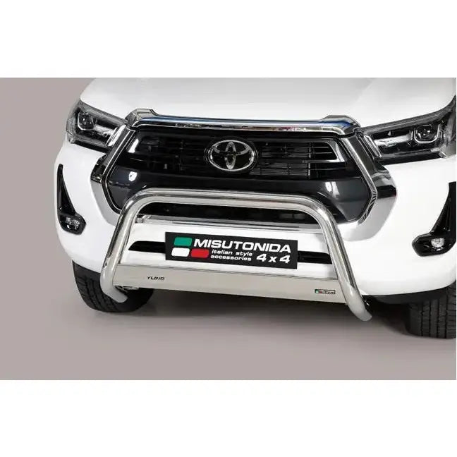 Frontbøyle til Toyota Hi-Lux 20- i forkrommet stål med buet design og beskyttelsesplate, sett forfra.