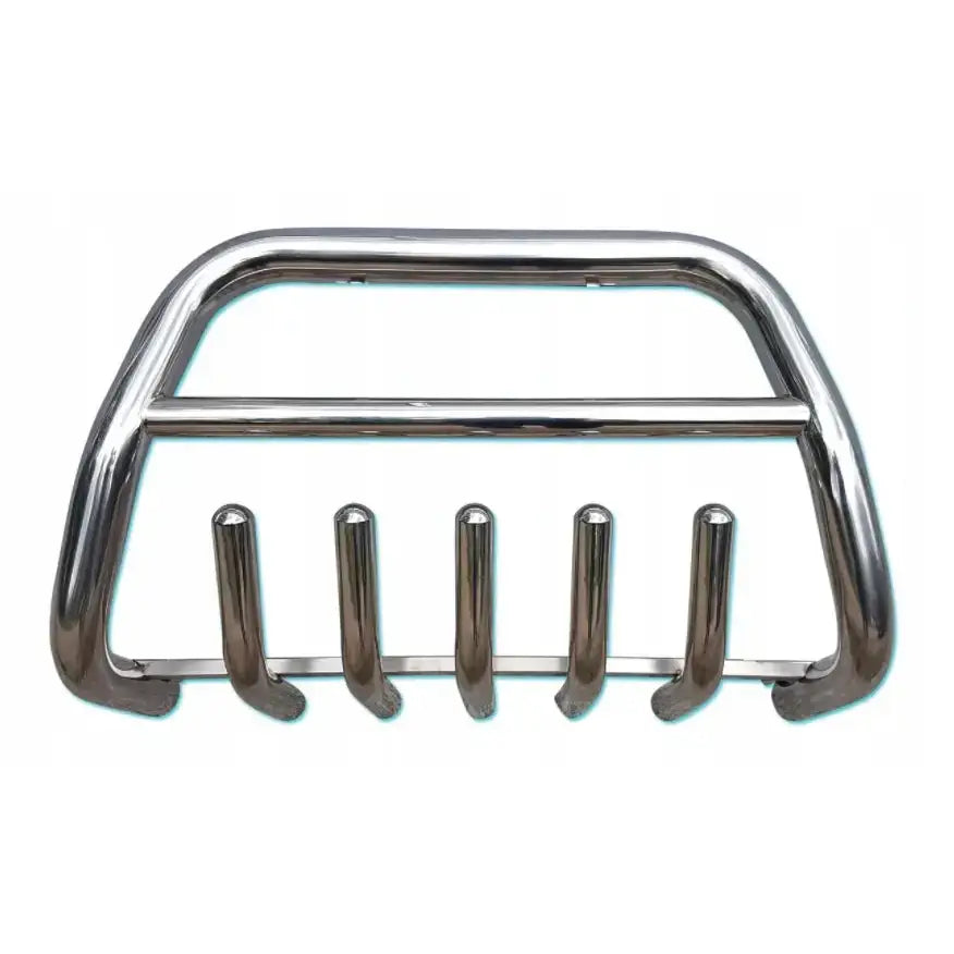 Frontbøyle til Toyota Hiace 04- i krom med buet ramme og fem blankpolerte vertikale staver.