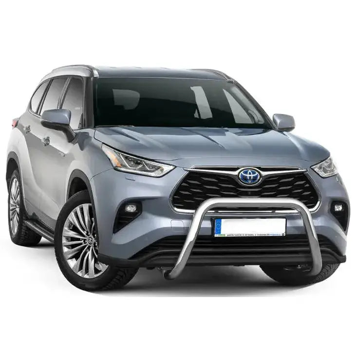 Frontbøyle til Toyota Highlander 21- i metall, montert på grå SUV med aluminiumsfelger.