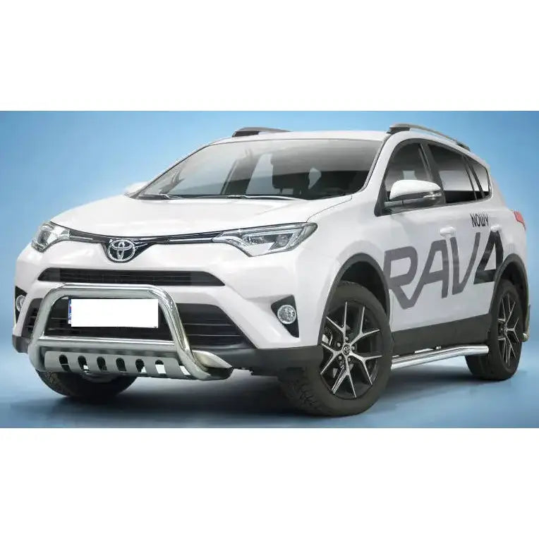 Frontbøyle Toyota Rav4 16-18 EC godkjent montert på hvit SUV med svarte felger og krom kufanger.