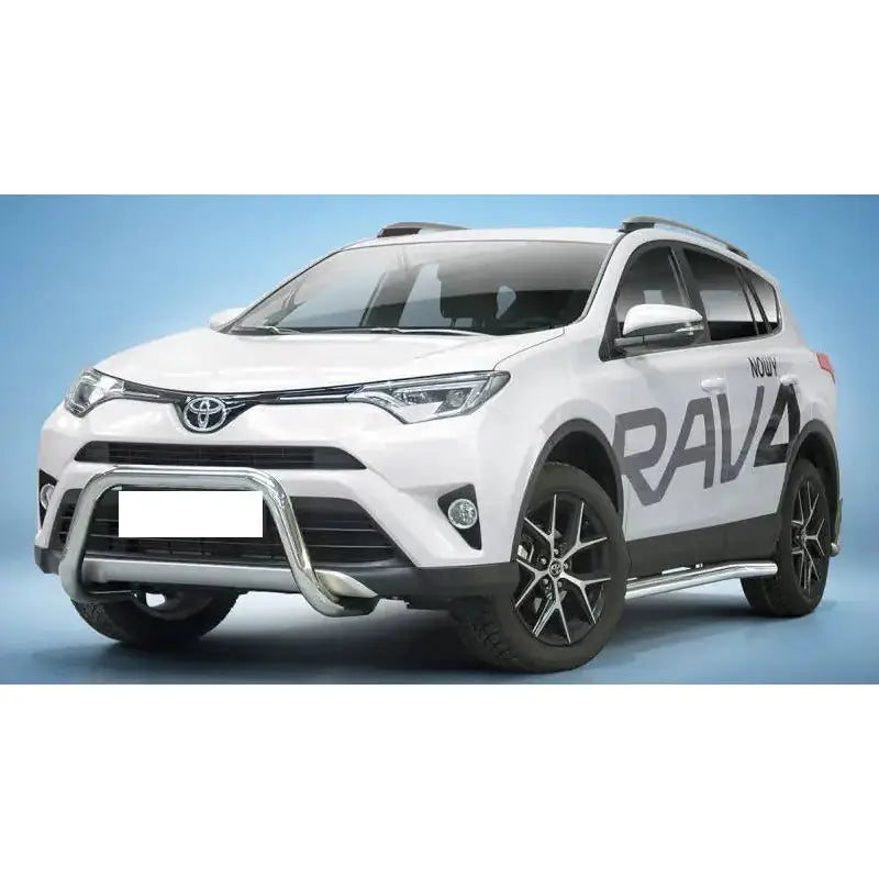 Frontbøyle på Toyota Rav4 16-18 EC godkjent, montert foran på hvit SUV med svarte felger.