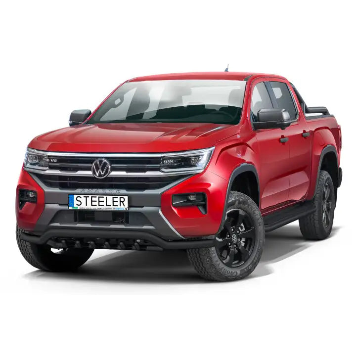 Kufanger på Volkswagen Amarok 23 lav modell med grill, svart frontfanger og LED-frontlykter.