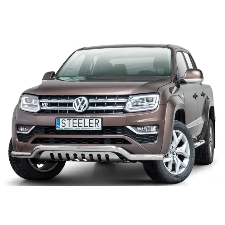 Frontbøyle Volkswagen Amarok V6 med krommet kufanger og sølvfargede detaljer på grill og støtfanger.