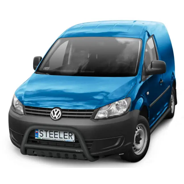 Kufanger på Volkswagen Caddy 10-20 med Steeler-skilt, svarte detaljer og stålfelger sett fra skrå front.