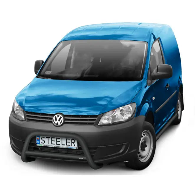 Kufanger på Volkswagen Caddy 10-20 EC godkjent med tverrør, montert foran på blå varebil.