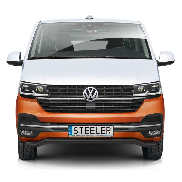 Kufanger Volkswagen T6.1 19- EC godkjent lav V.2 montert på hvit og oransje varebil forfra.