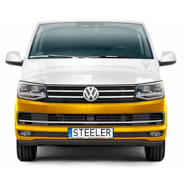 Kufanger til Volkswagen T6 15-19 EC godkjent, montert på hvit og gul varebil sett forfra.