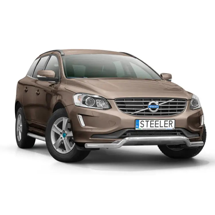 Frontbøyle Volvo XC60 14-17 EC godkjent lav montert på brun SUV med sølvfargede stigtrinn.