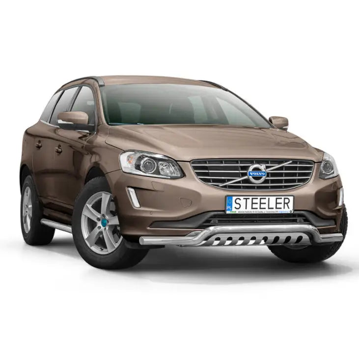 Frontbøyle Volvo XC60 14-17 EC godkjent lav med plate montert på brun SUV med sølvfarget kufanger.