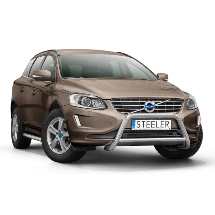 Frontbøyle Volvo XC60 14-17 i stål montert foran på brun SUV med sølvfargede stigtrinn.