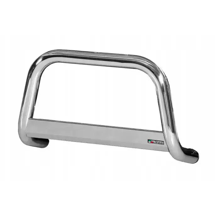 Frontbøyle Vw Caddy 04-13 i sølvfarget metall med blank finish og tverrplate, sett forfra.