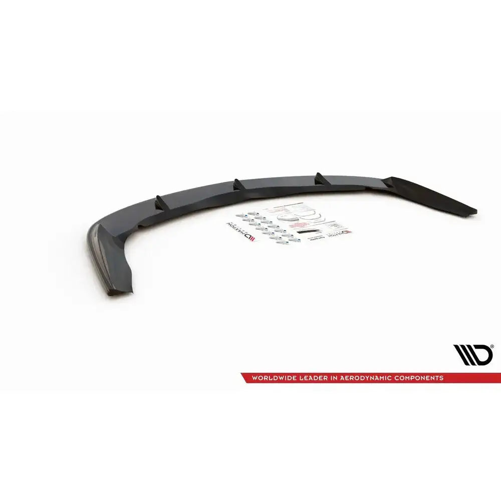 Spoiler til Alfa Romeo 156 Facelift, sort plast med monteringsutstyr og bruksanvisning på hvit bakgrunn.