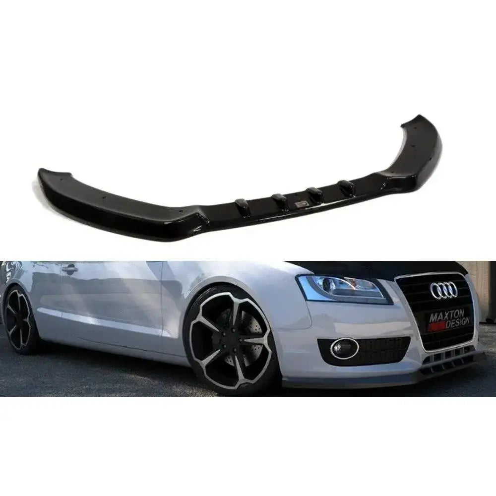Frontspoiler Audi A5 8T svart plast splitter vist alene og montert på hvit bil med sportslig design.