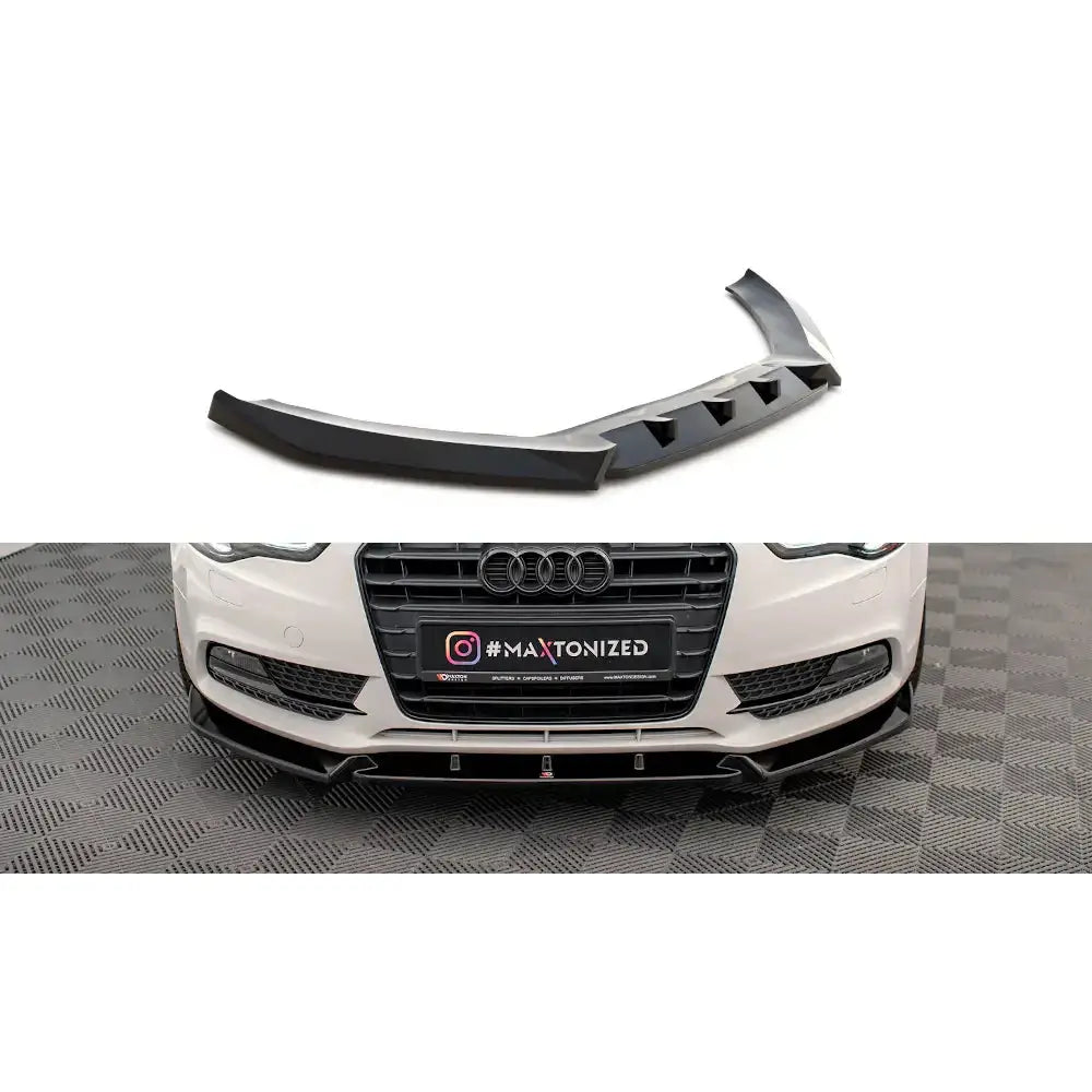 Frontspoiler Audi A5 Coupe 8T Facelift 2011-2016 i sort plast, vist alene og montert på bil forfra.