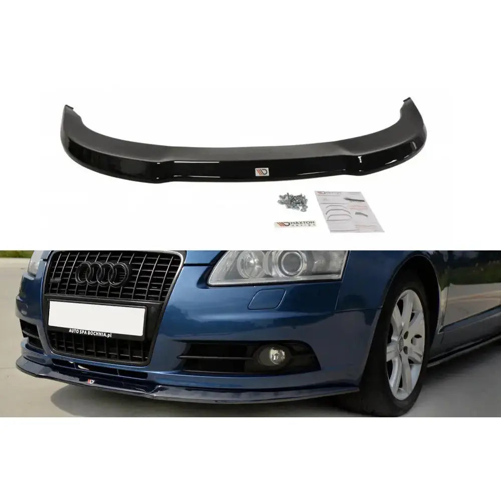 Frontspoiler Audi A6 C6 S-Line sort plast med monteringsutstyr, instruksjoner og montert på blå bil.