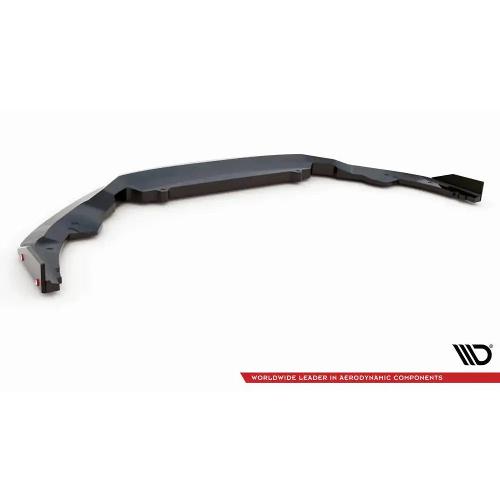 Frontspoiler Audi R8 18-23 Mk2 Facelift V.3 med flaps, svart plast, sett ovenfra mot hvit bakgrunn.