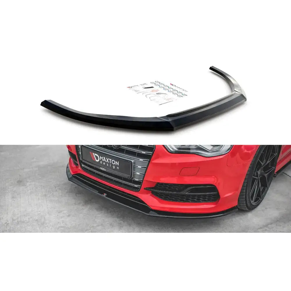 Frontspoiler Audi S3/A3 S-Line 8V sort plast med monteringsutstyr, montert på rød bil.