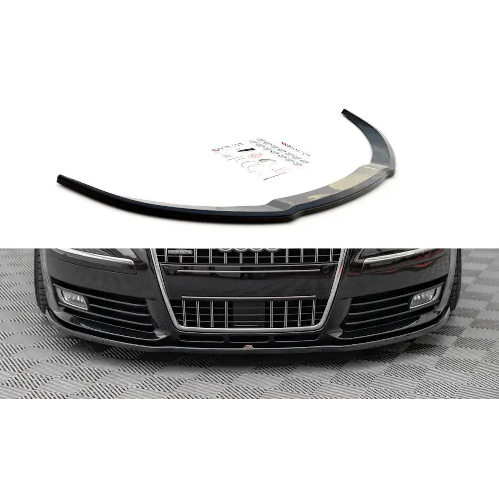 Frontspoiler Audi S8 D3 06-10 i sort glanset finish med monteringsutstyr, vist montert på svart bil.