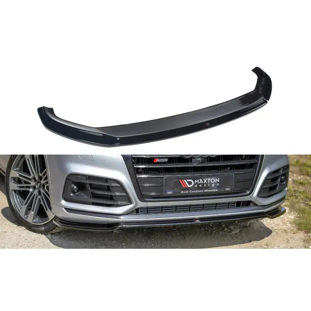 Frontspoiler Audi SQ5/Q5 S-Line MkII i sort blank plast, vist på sølvfarget bil og som enkeltprodukt.