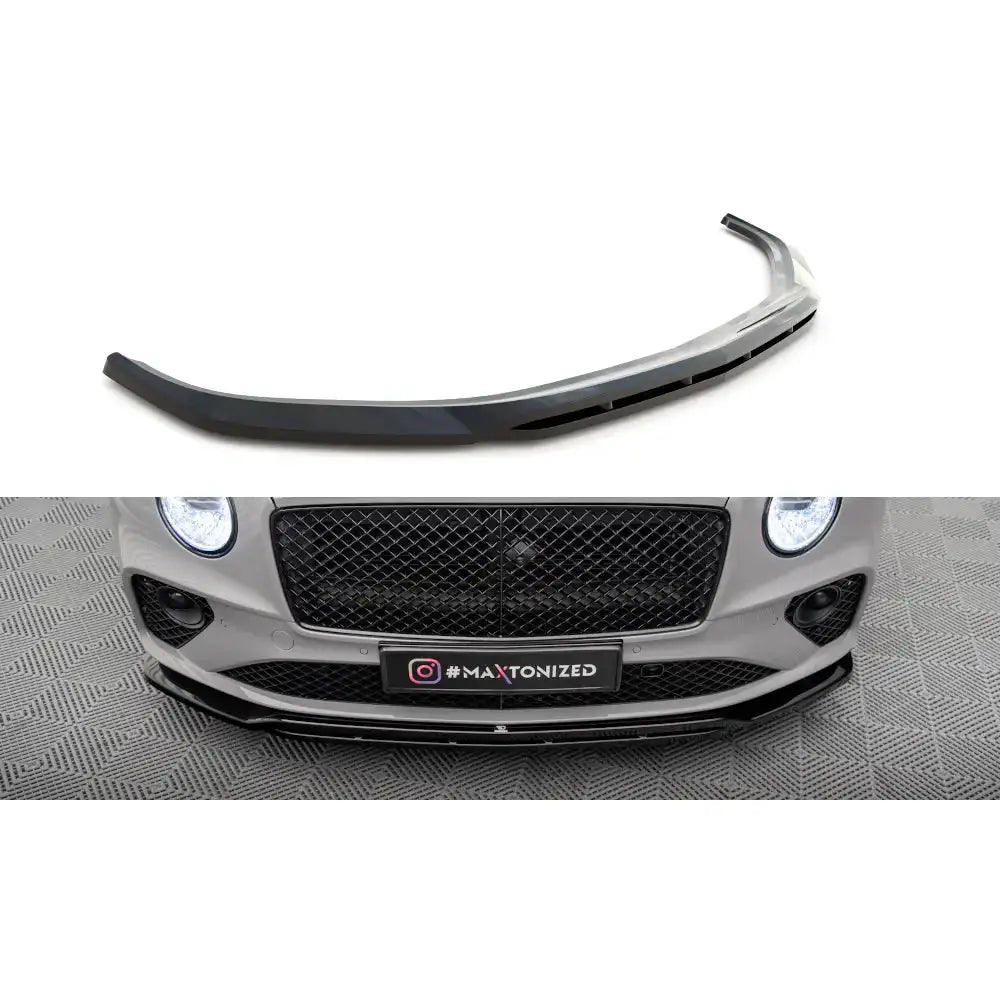 Frontspoiler til Bentley Continental GT Mk3, sort buet splitter vist både alene og montert på bil.