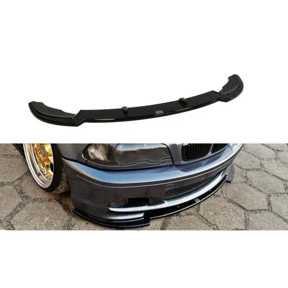 Frontspoiler BMW E46 3 Mpack Coupe i svart plast, vist løst og montert på bil forfra og fra siden.