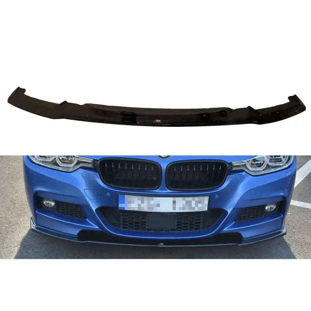 Frontspoiler til BMW 3-Series F30 FL M-Sport, sort plast med markerte kanter, vist på blå bil.