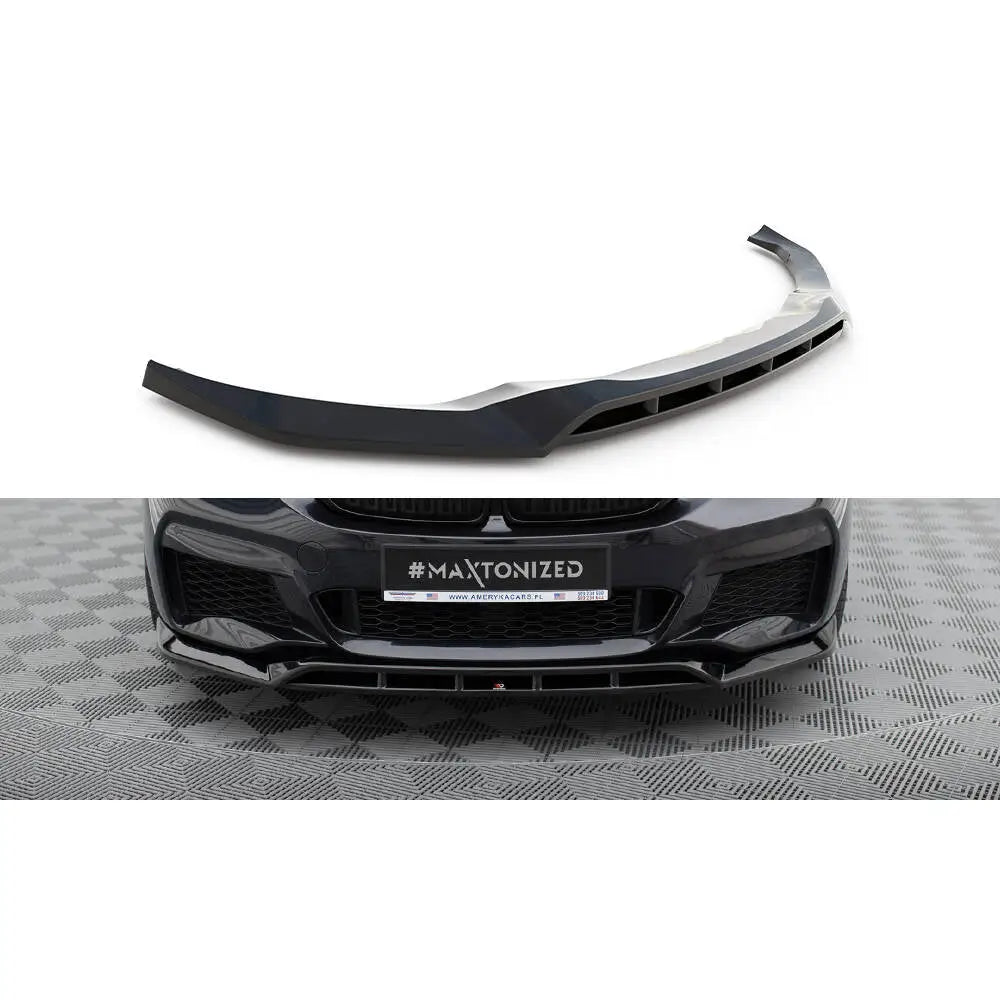 Frontspoiler til BMW 6 GT G32 M-Pack, sort plast med blank finish, vist montert og ovenfra.
