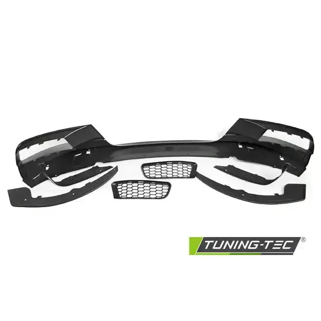 Front lip BMW F20/F21 11-14 M-Performance komplett sett med sorte plastdeler og gitter vist fra oven.