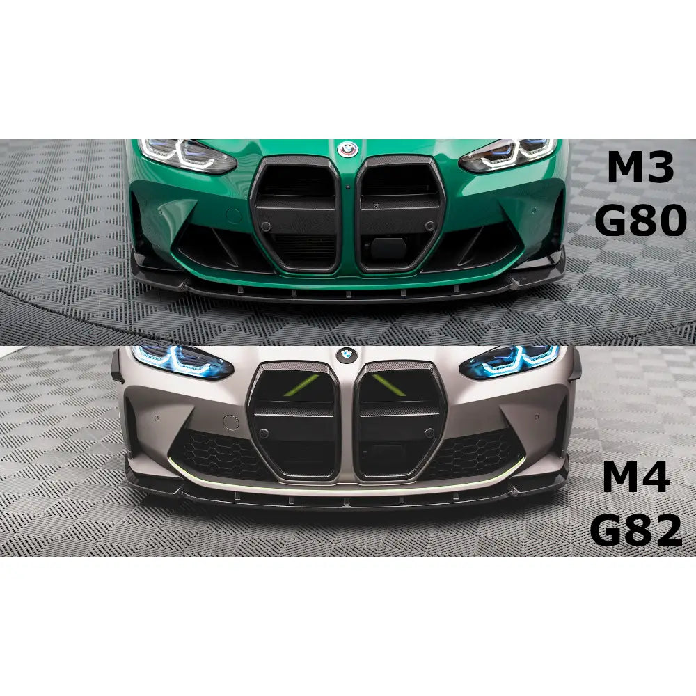 Frontspoiler BMW M4 G82 og M3 G80 V.1 karbon vist på grønn og grå sportsbil forfra.