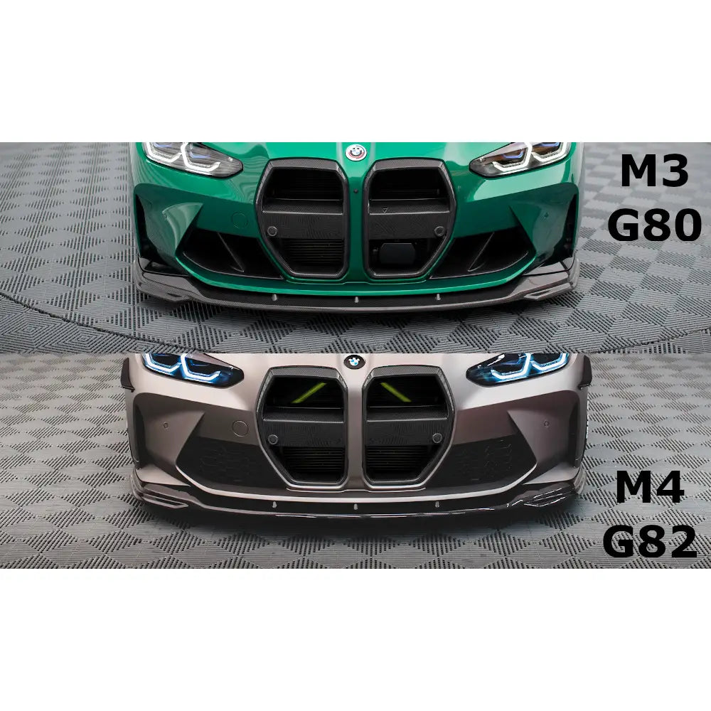 Frontspoiler BMW M4 G82 og M3 G80 V.2 karbon på grønne og grå biler med sorte grilldetaljer.