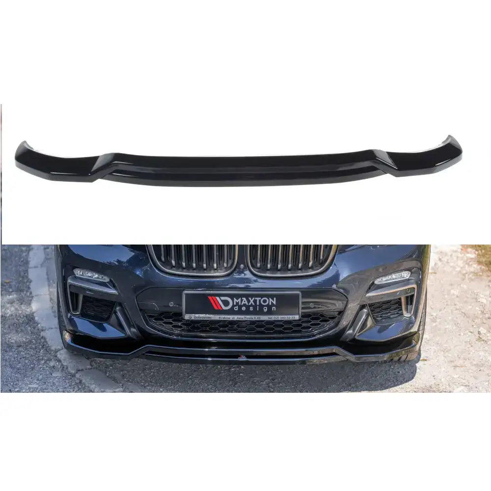 Frontspoiler BMW X4 M-Pack G02 i blank sort plast, vist separat og montert med markerte hjørner.
