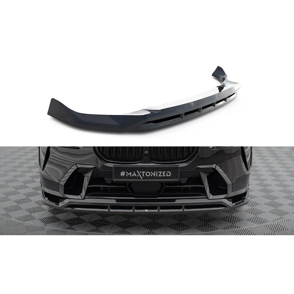 Frontspoiler BMW X7 M-Pack G07 Facelift i sort blank plast, montert på svart bil med sporty design.