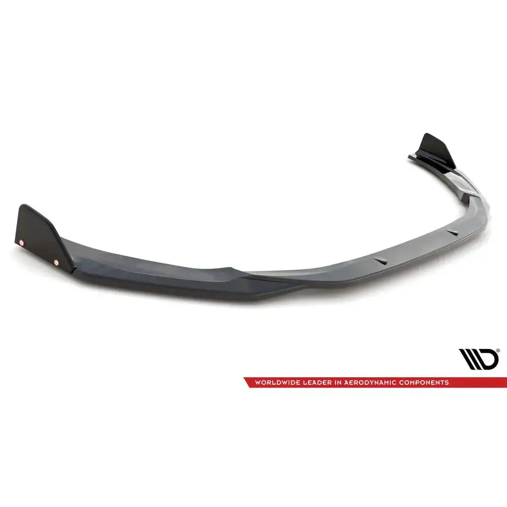 Front lip Audi RS5 F5 Facelift med flaps, sort plast med sideplater og bolter, sett skrått ovenfra.