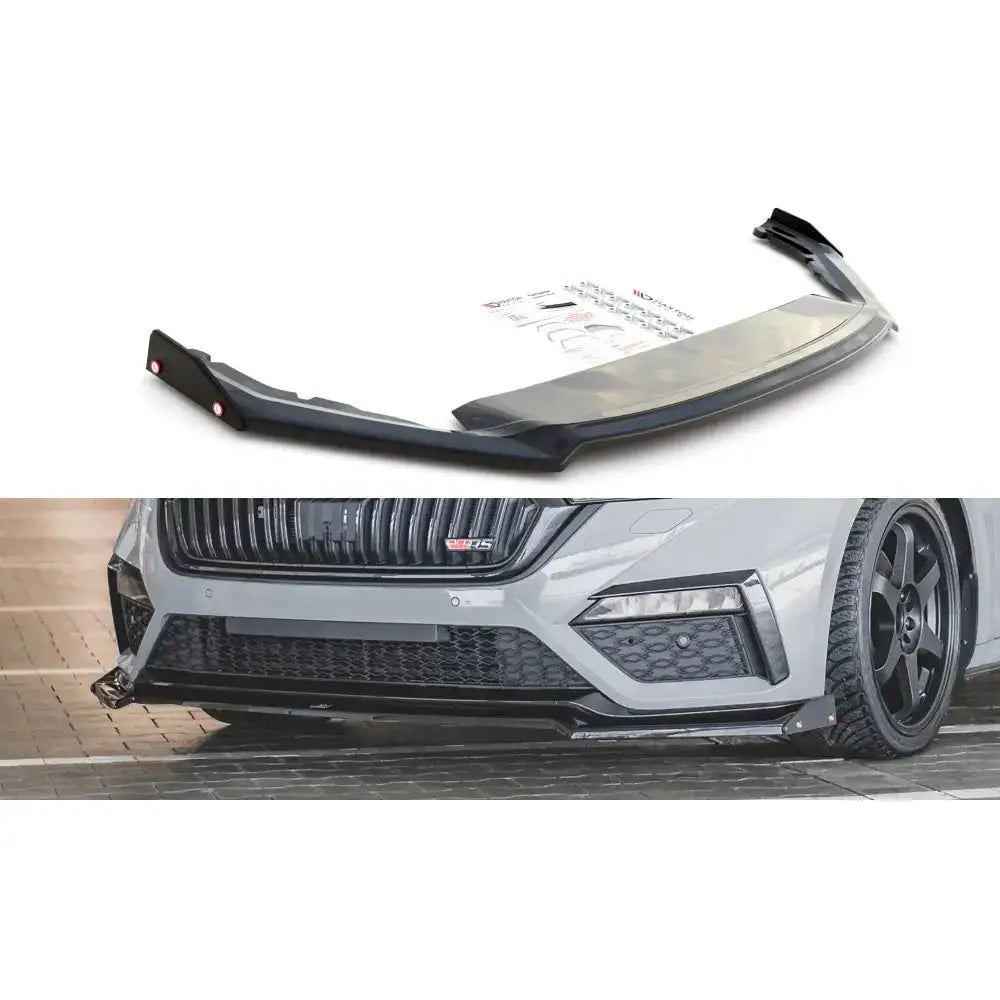 Frontspoiler Skoda Octavia RS Mk4 med matt sort plast, markerte hjørner og røde skruepunkter sett forfra.