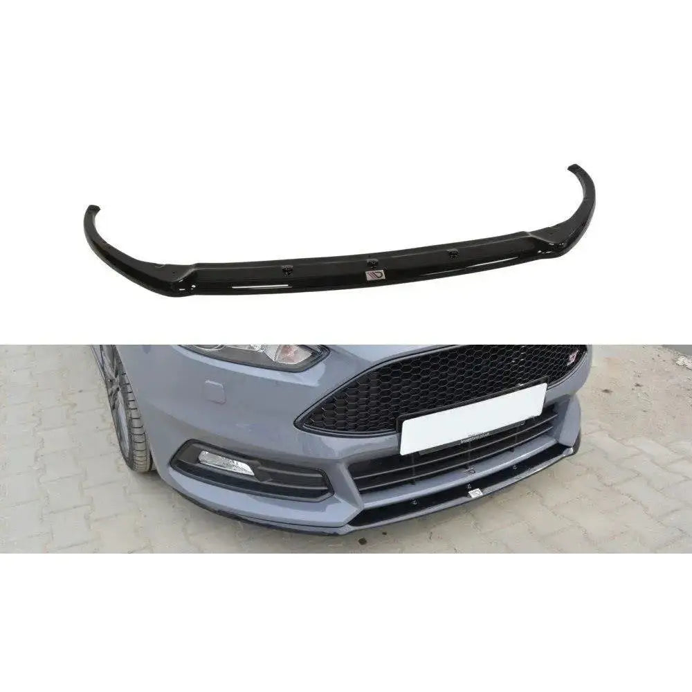 Frontspoiler til Ford Focus ST Mk3 Cupra Facelift i sort glanset plast, montert på grå bil forfra.
