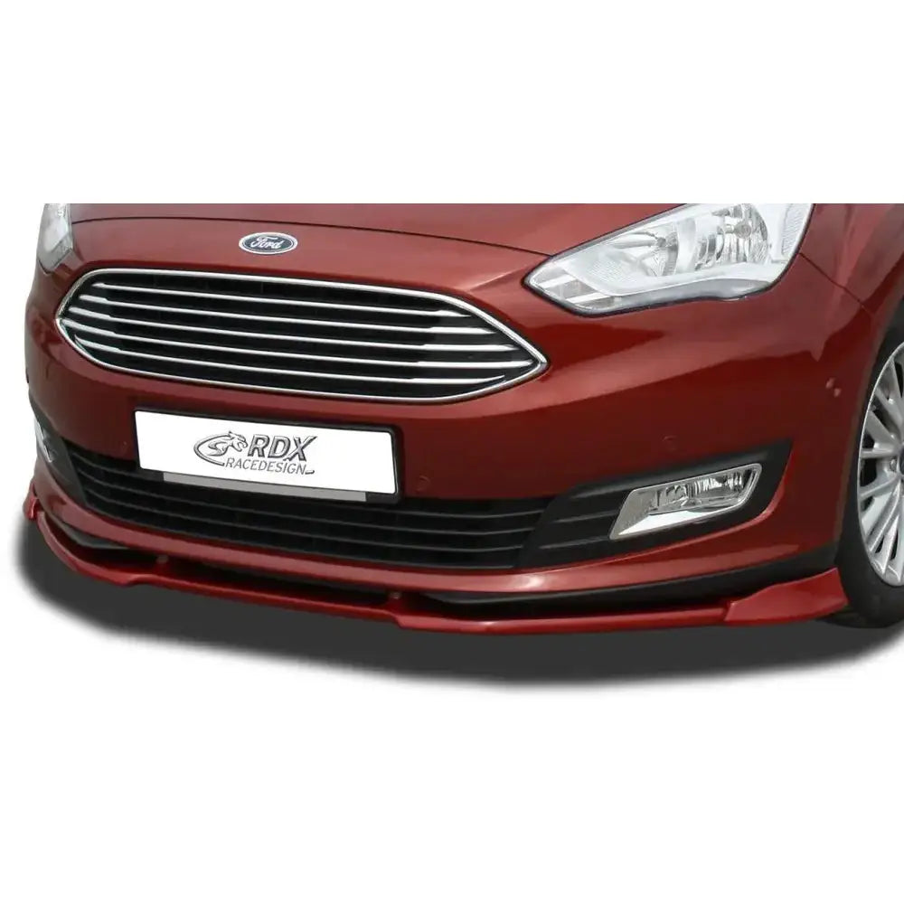 Frontspoiler til Ford C-Max 15-19 Vario X V.2 montert på rød bil, sett forfra i halvprofil.