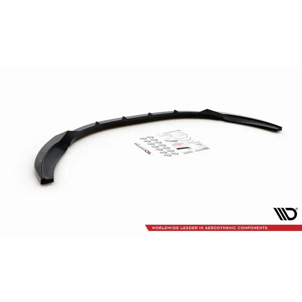 Frontspoiler Ford C-Max Mk2 10-14 sort plast med monteringsdeler og instruksjoner på hvit bakgrunn.