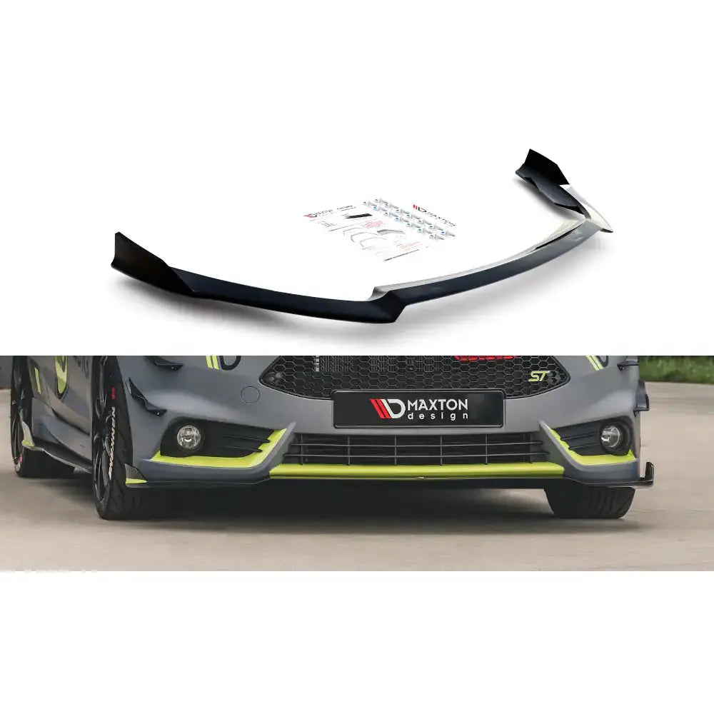 Frontspoiler til Ford Fiesta 7 ST Facelift vist med monteringsutstyr på grå bil med gulgrønne detaljer.