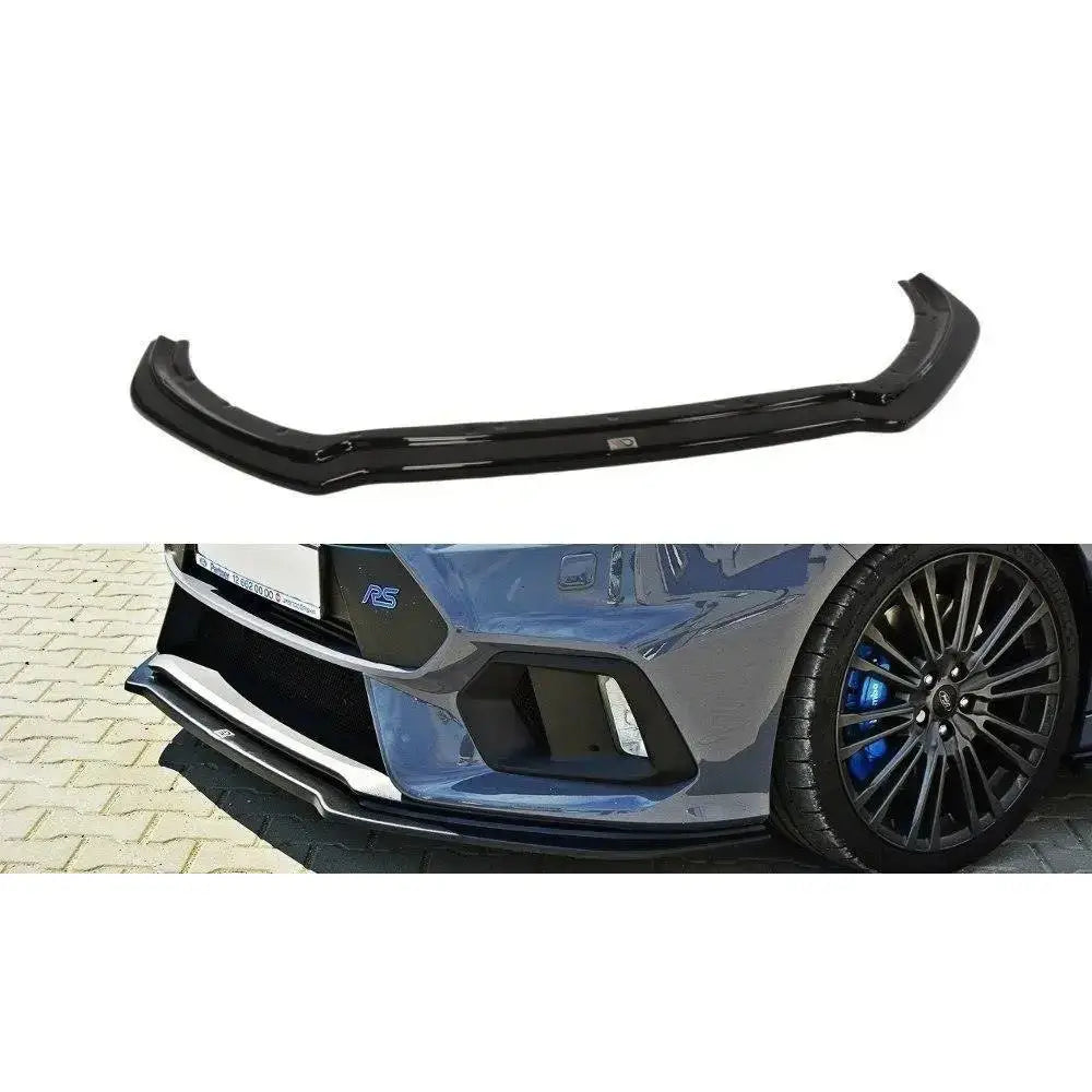 Frontspoiler Ford Focus 3 Rs V.4 i svart blank plast montert på blå bil, vises fra siden.
