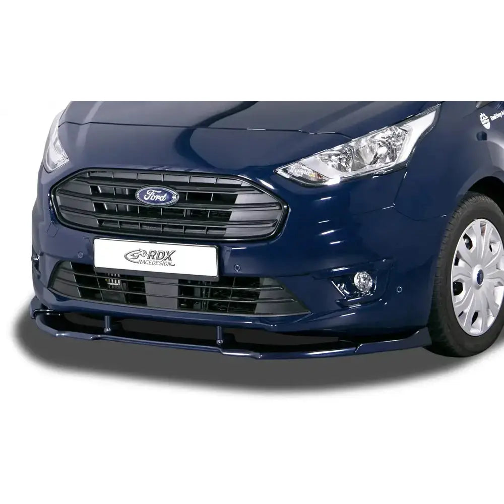 Frontspoiler til Ford Transit Connect Vario X i blank sort plast, nærbilde av grill og frontlykt.